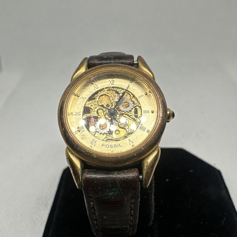 Fossil SK-4929 Skeleton Watch Unisex Gold Tone Brown Woven Leather Band Vintage